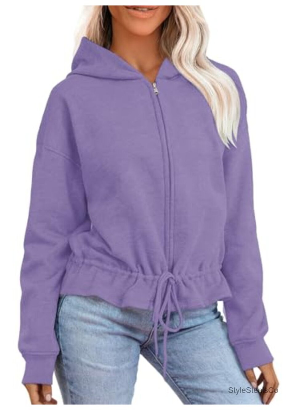 Women's Drawstring Waist Full Zip Cropped Hoodie Jacket Lightweight Oversized